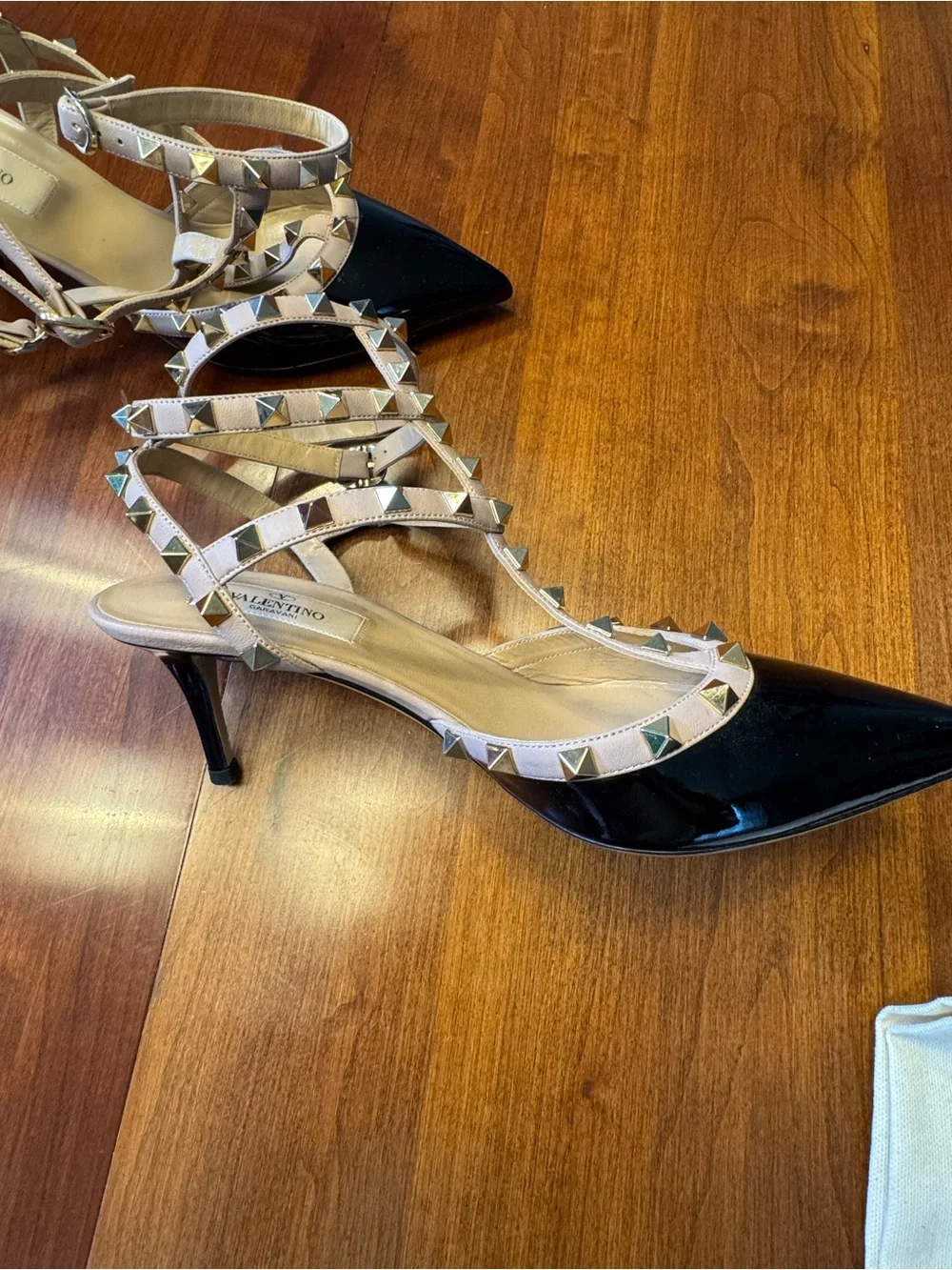 Valentino Rockstud Black Patent Pointed-Toe Ankle-Strap Heels